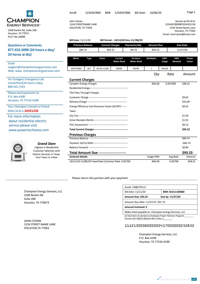 USA Texas Champion Energy Services proof of address utility bill template in Word and PDF format
